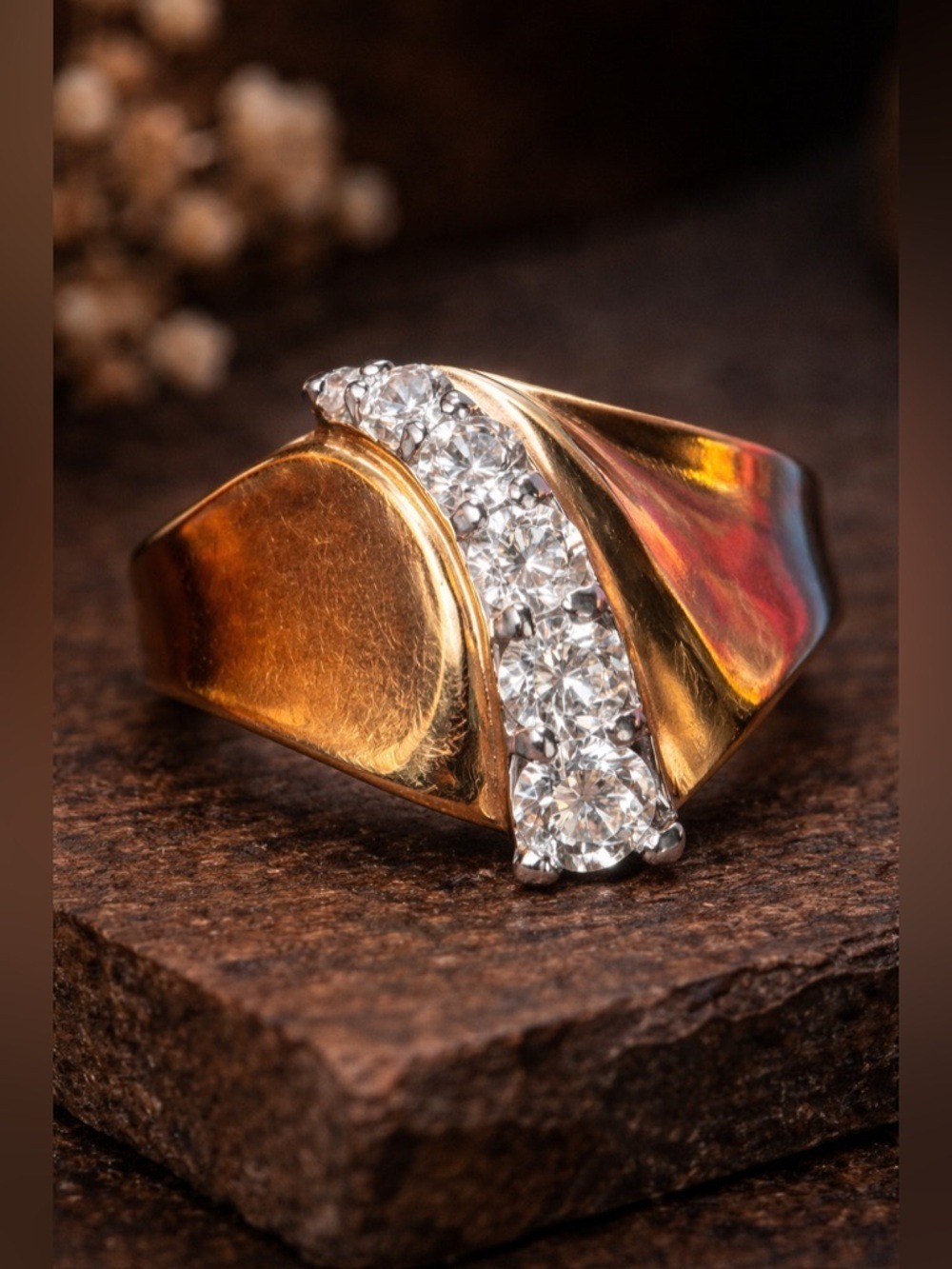 RSC Sculptural Gold Tone Glam Bold Statement Ring with Brilliant CZ Row Size 10